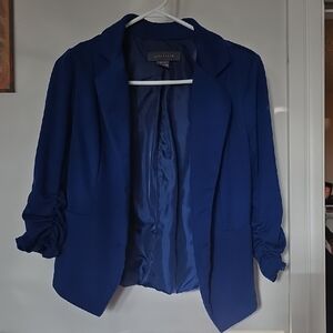 Suzy Shier Women's Royal Blue Ruched-Sleeve Open Blazer